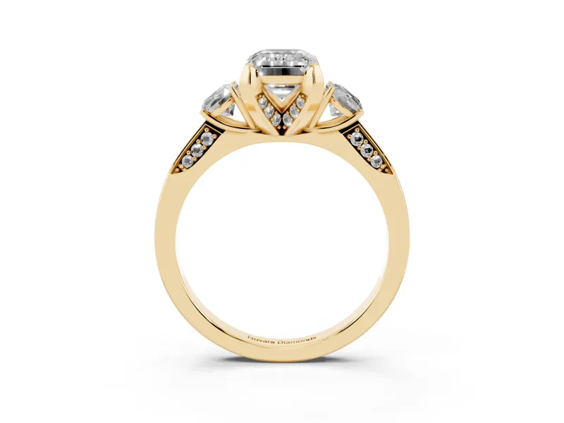 Emerald Cut Hidden Halo Three Stone Engagement Ring Setting for a Black Center | Yellow Gold