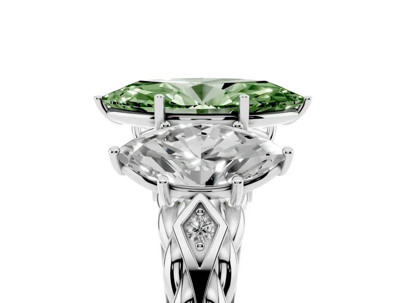 Fancy Green Marquise Cut Diamond Three-Stone Ring Set in Silver with Braided Band