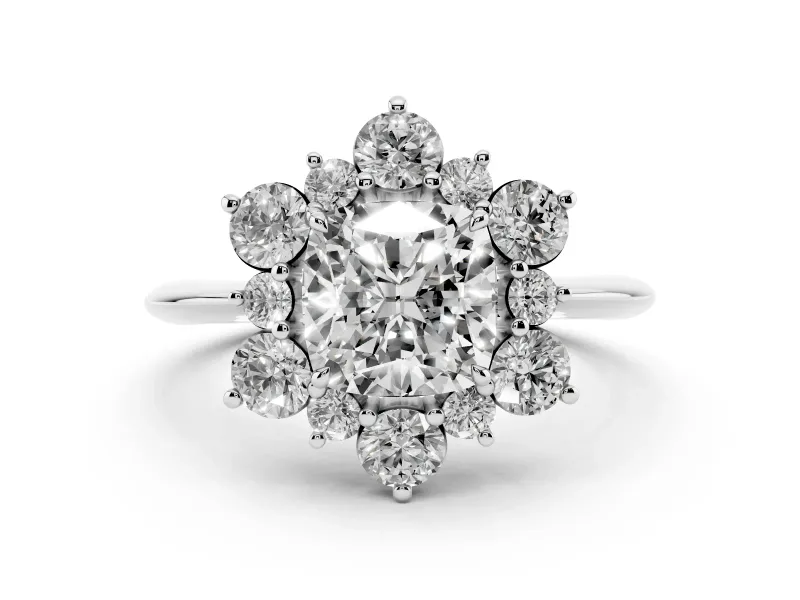 Cushion Cut Diamond Cluster Halo Ring Set in Silver with Solitaire Band and Prong Setting