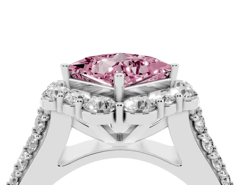 Fancy Pink Princess Cut Diamond Halo Engagement Ring Set in Silver with Split Shank and Prong Setting