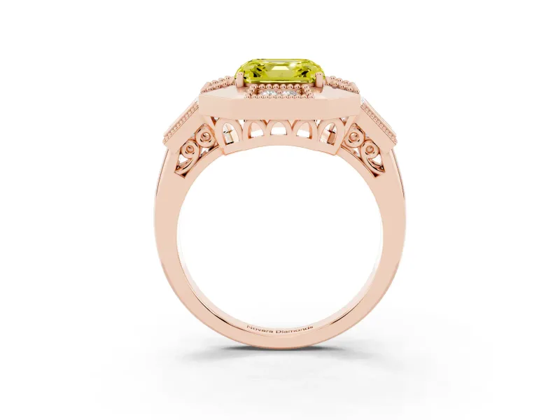 Fancy Yellow Asscher Cut Diamond Milgrain Halo Ring Set in Rose gold with Split Shank