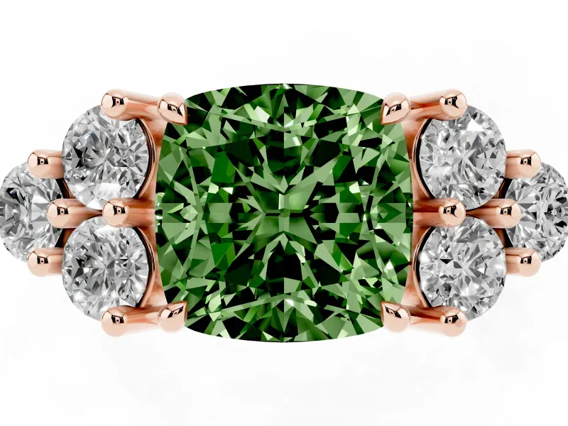 Fancy Green Cushion Cut Diamond Solitaire Ring Set in Rose gold with Cluster Accents on Each Side
