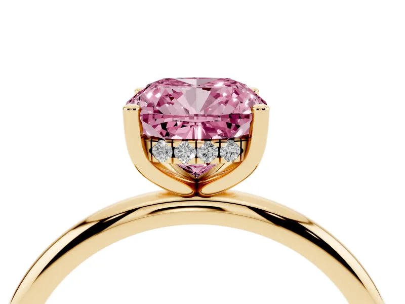 Fancy Pink Cushion Cut Diamond Solitaire Engagement Ring Set in Yellow gold with Prong Setting and Polished Band