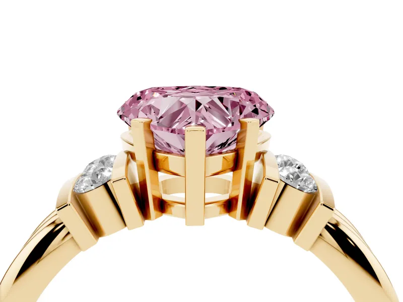Fancy Pink Three-Stone Heart Cut Diamond Channel Set Ring Set in Yellow gold with Bar Prongs