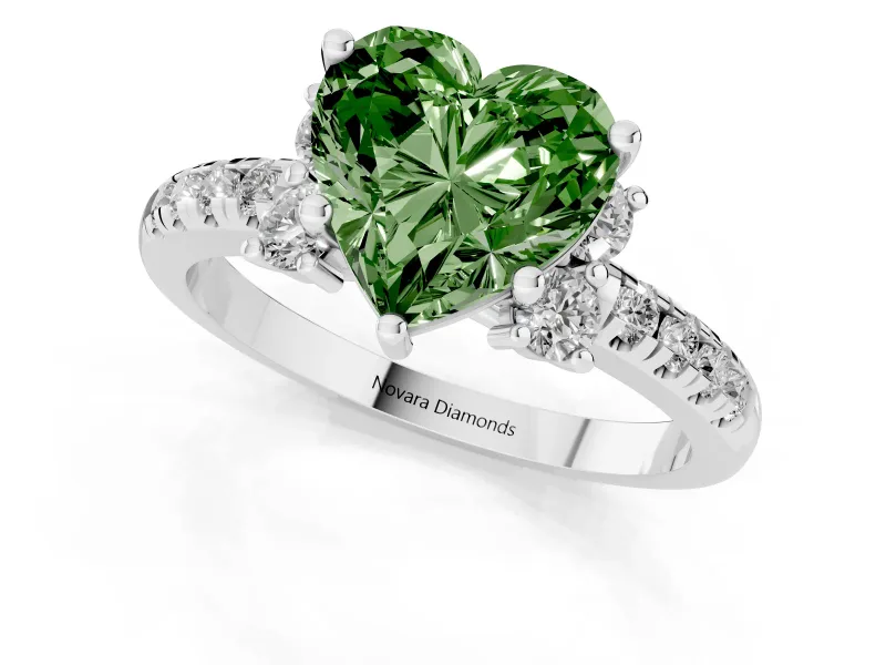 Heart-Shaped Side Stone Engagement Ring Setting for a Fancy Green Lab-Grown Diamond | Pave Band | Sterling Silver