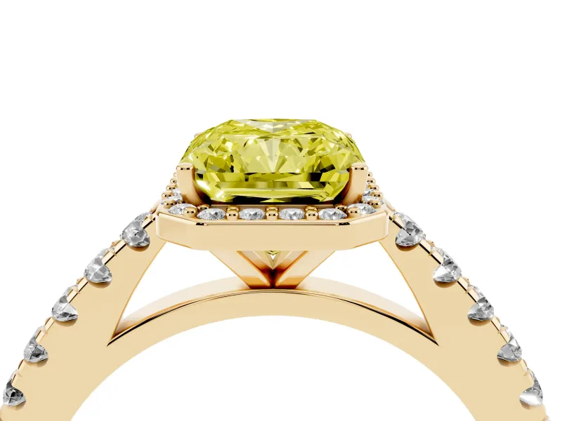 Fancy Yellow Radiant Cut Diamond Halo Engagement Ring Set in Yellow gold with Pavé Band and Prong Setting