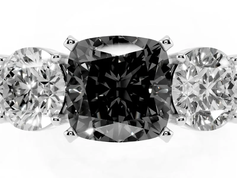 Cushion Cut Three Stone Engagement Ring Setting for a Black Center | Round Side Stones | Sterling Silver