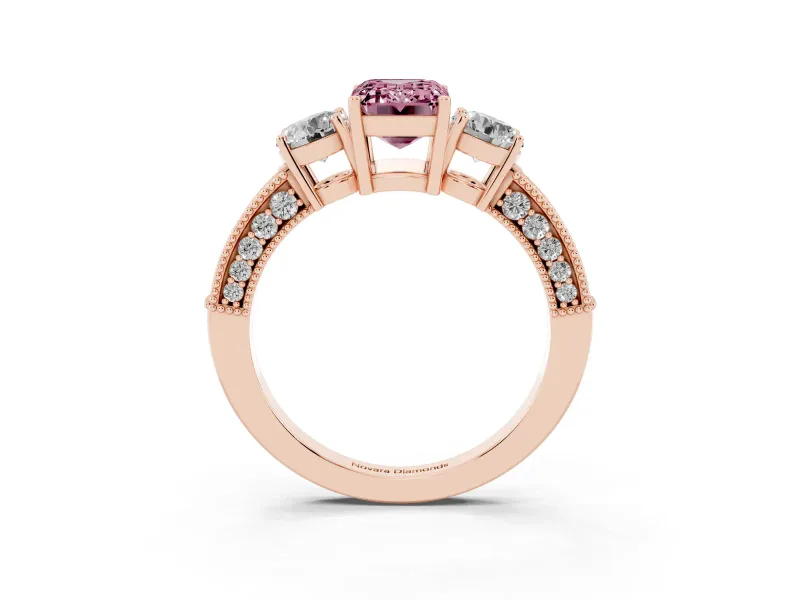 Fancy Pink Emerald Cut Diamond Three-Stone Ring Set in Rose gold with Round Side Stones and Pavé Band