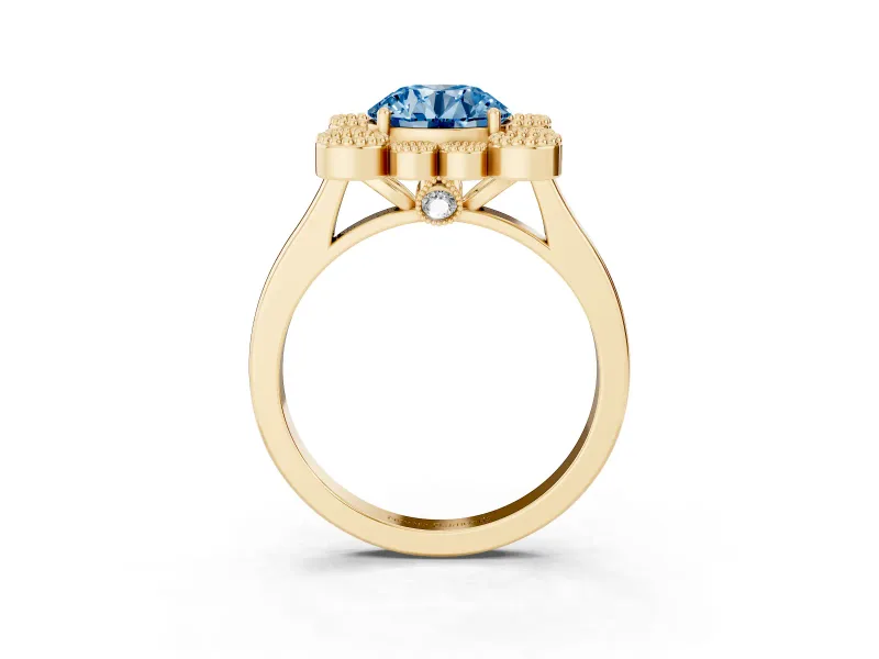 Round Milgrain Cluster Halo Engagement Ring Setting for a Fancy Blue Lab-Grown Diamond | Plain Band | Yellow Gold
