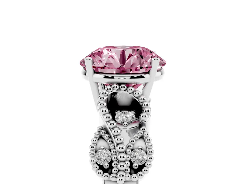 Fancy Pink Round Cut Diamond Milgrain Leaf Band Solitaire Ring Set in Platinum with Accent Stones and Prong Setting