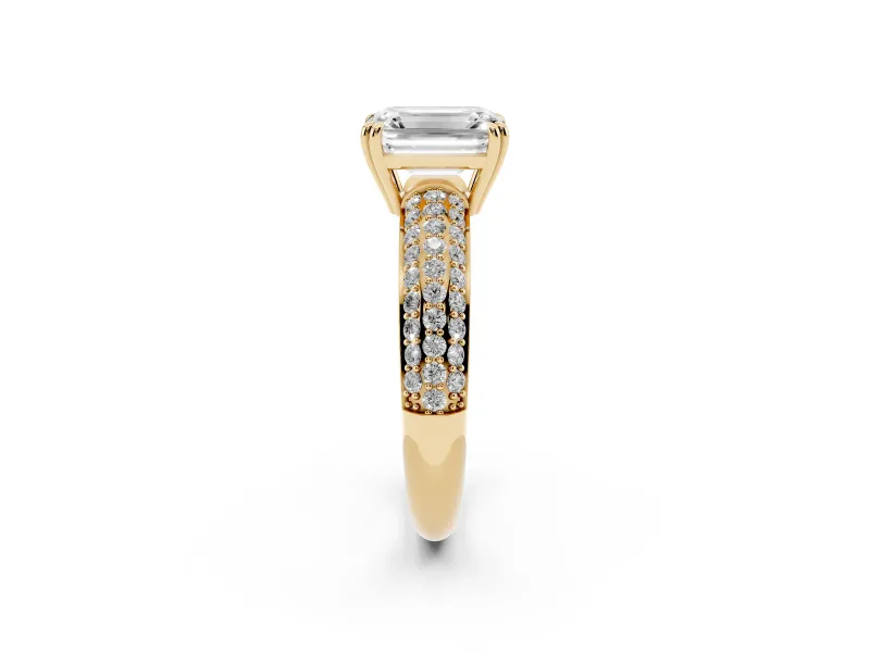 Emerald Cut Three Row Pave Solitaire Engagement Ring Setting | Double Claw Prongs | Yellow Gold