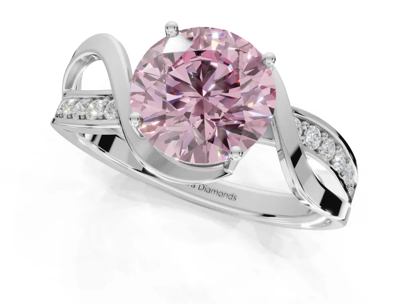 Round Bypass Solitaire Engagement Ring Setting for a Fancy Pink Lab-Grown Diamond | Pavé and Plain Strands | Platinum