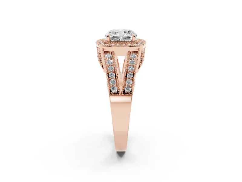 Cushion Cut Vintage Milgrain Halo Engagement Ring Setting | Pave Split Shank | Rose Gold