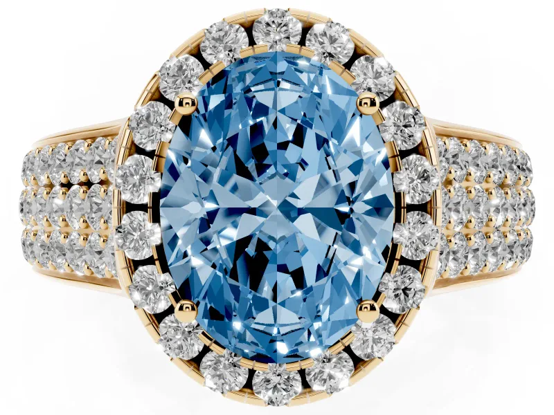 Oval Pavé Engagement Ring Setting for a Fancy Blue Lab-Grown Diamond | Wide Three-Row Band | Yellow Gold