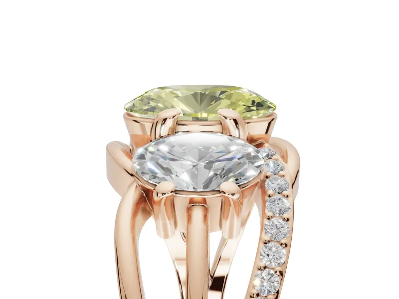 Oval Three Stone Split Shank Engagement Ring Setting for a Fancy Yellow Lab-Grown Diamond | Matching Sides | Rose Gold