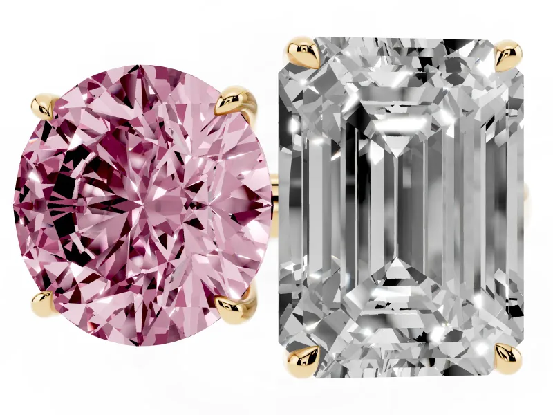 Fancy Pink Round Cut and Emerald Cut Toi Moi Ring Set in Yellow gold with Prong Setting
