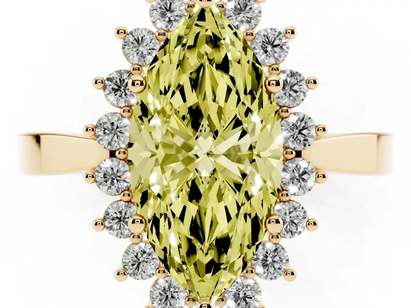 Fancy Yellow Marquise Cut Diamond Halo Ring Set in Yellow gold with Round Halo and Smooth Solitaire Band