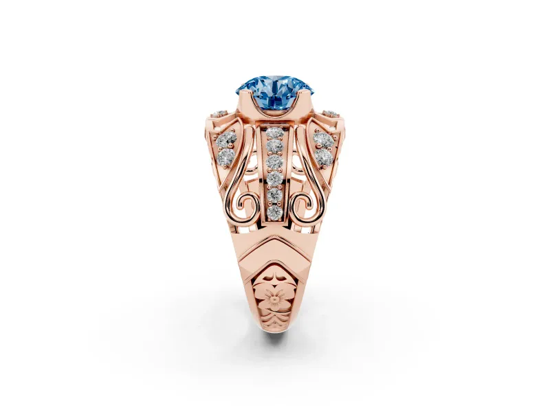 Round Art Deco Graduated Engagement Ring Setting for a Fancy Blue Lab-Grown Diamond | Rose Gold