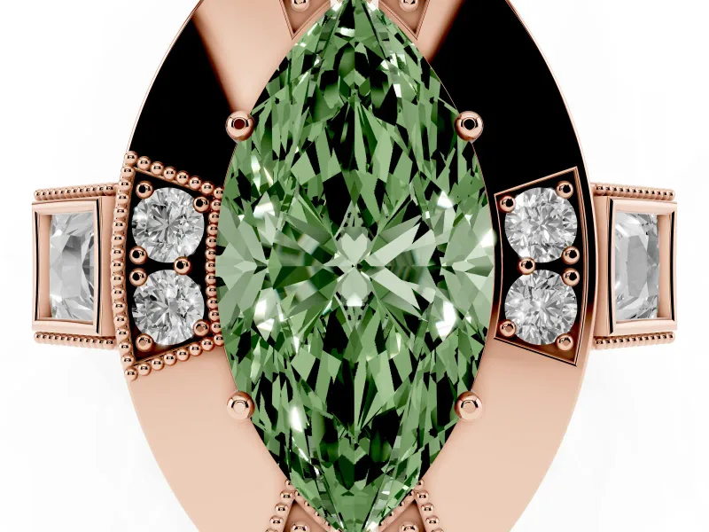 Fancy Green Marquise Cut Diamond Milgrain Halo Ring Set in Rose gold with Split Shank