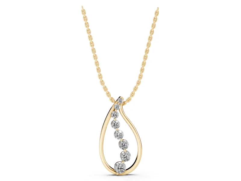 Round Lab-Grown Diamond Graduated Cascading Teardrop Pendant Necklace | Open Frame | Yellow Gold