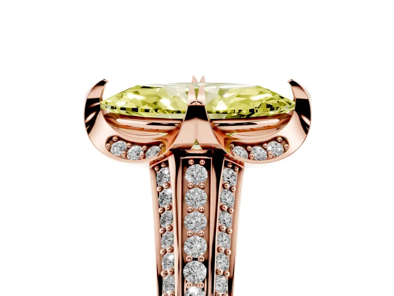 Fancy Yellow Marquise Cut Diamond Pavé Split Shank Solitaire Ring Set in Rose gold with Prong Setting