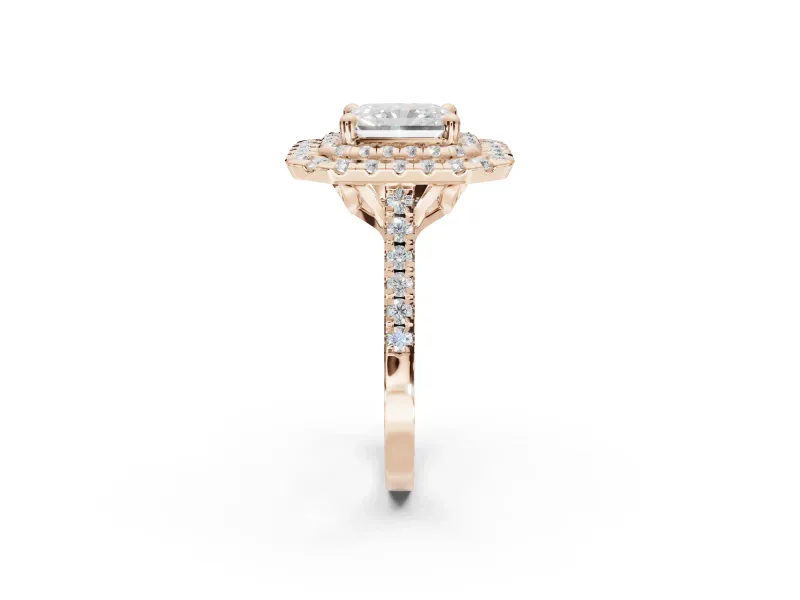 Radiant Cut Lab-Grown Diamond Double Halo Statement Ring Set in Rose Gold with Pavé Band
