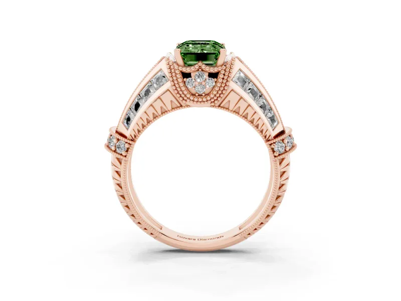 Fancy Green Emerald Cut Diamond Vintage-Inspired Milgrain Ring Set in Rose gold with Accent Split Shank