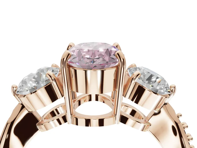 Oval Three Stone Engagement Ring Setting for a Fancy Pink Lab-Grown Diamond | Tapered Pave Band | Rose Gold