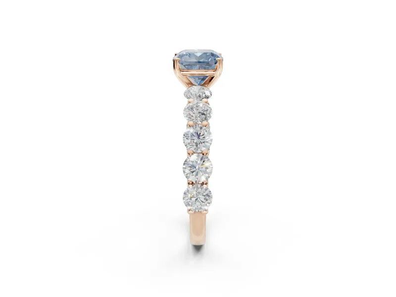Cushion Cut Side Stone Engagement Ring Setting for a Fancy Blue Lab-Grown Diamond | Scalloped Prong Accents | Rose Gold