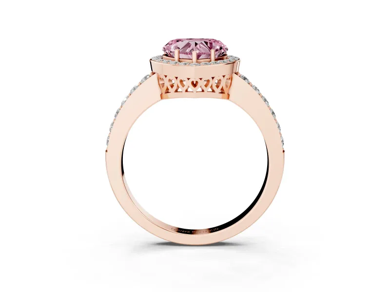Fancy Pink Heart Cut Diamond Halo Ring Set in Rose gold with Pavé-Setting Band and Open Prong Center