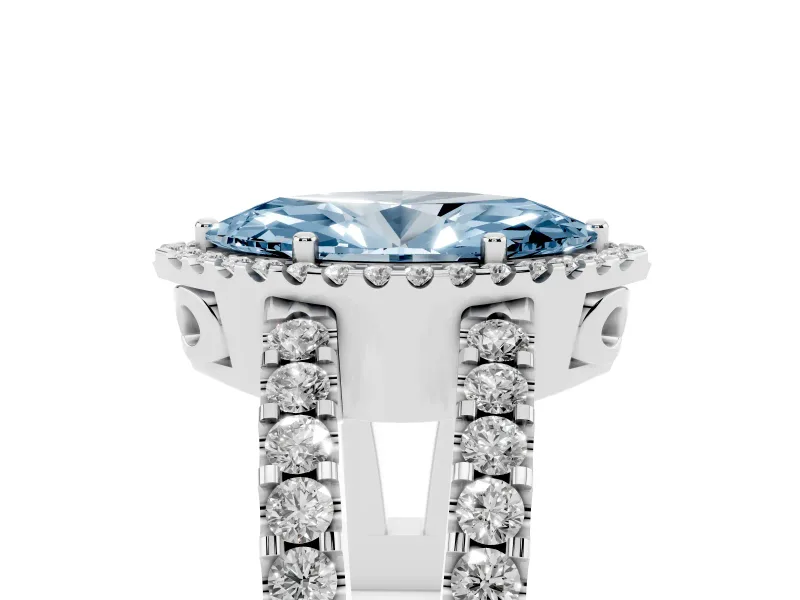 Fancy Blue Marquise Cut Diamond Halo Ring Set in Platinum with Pavé Split Shank and Prong Setting