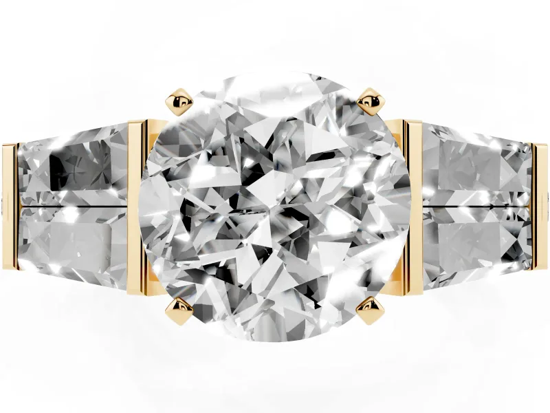 Round Cut Diamond Engagement Ring Set in Yellow gold with Baguette Side Stones and Channel Set Band