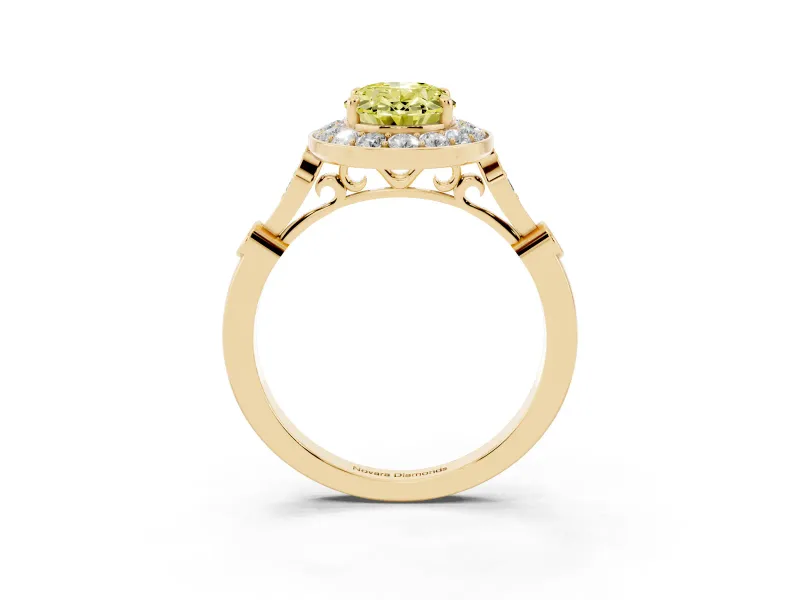 Oval Vintage Halo Engagement Ring Setting for a Fancy Yellow Lab-Grown Diamond | Bezel Station Shoulders | Yellow Gold
