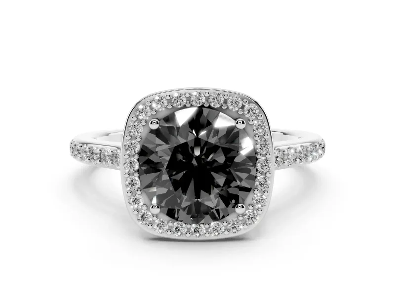Fancy Black Round Cut Diamond Halo Engagement Ring Set in Silver with Round Pavé Shoulders and Heart Gallery