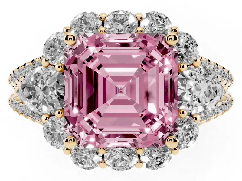 Fancy Pink Asscher Cut Diamond Halo Split Shank Engagement Ring Set in Yellow gold with Prong-Held Center Stone