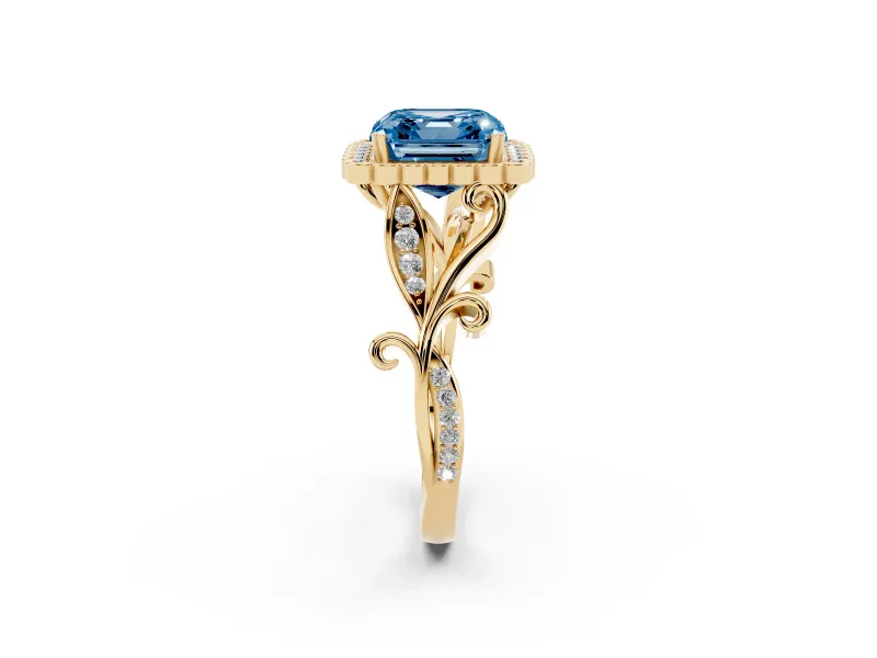 Asscher Cut Leaf Halo Engagement Ring Setting for a Fancy Blue Lab-Grown Diamond | Yellow Gold