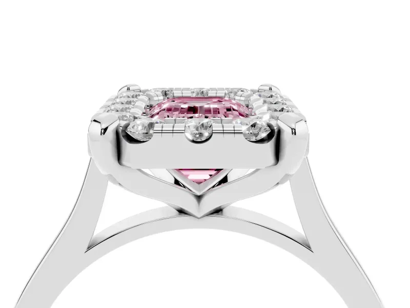 Emerald Cut Claw Corner Halo Engagement Ring Setting for a Fancy Pink Lab-Grown Diamond | Slim Plain Band | Platinum