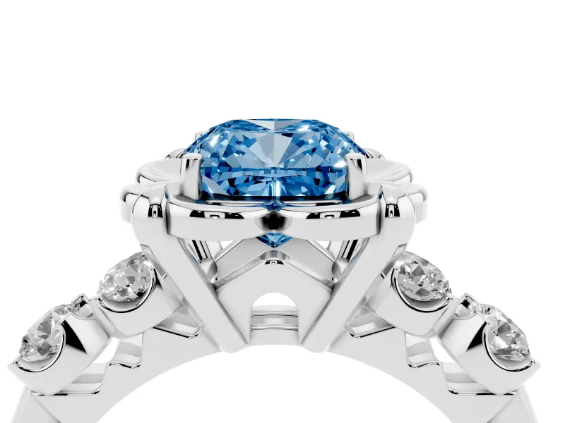 Cushion Cut Floral Engagement Ring Setting for a Fancy Blue Lab-Grown Diamond | Petal Frame and Side Stones | Platinum