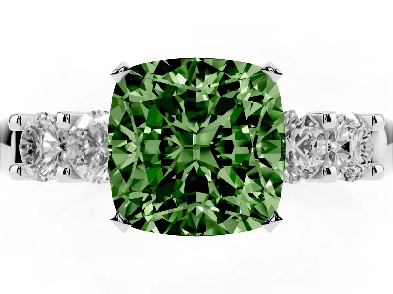 Fancy Green Cushion Cut Diamond Five-Stone Prong Set Engagement Ring Set in White gold with Channel Band