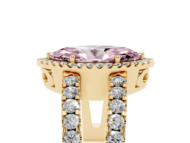 Fancy Pink Marquise Cut Diamond Halo Ring Set in Yellow gold with Pavé Split Shank and Prong Setting