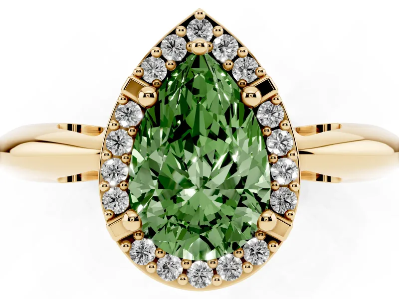 Fancy Green Pear Cut Diamond Halo Engagement Ring Set in Yellow gold with Plain Split Shank and Prong Setting