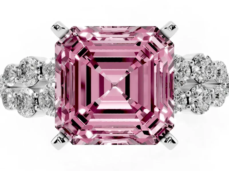 Asscher Cut Side Stone Engagement Ring Setting for a Fancy Pink Lab-Grown Diamond | Shoulder Clusters | Sterling Silver