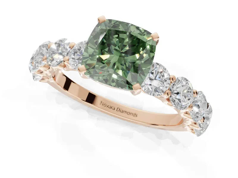 Cushion Cut Side Stone Engagement Ring Setting for a Fancy Green Lab-Grown Diamond | Scalloped Prong Accents | Rose Gold