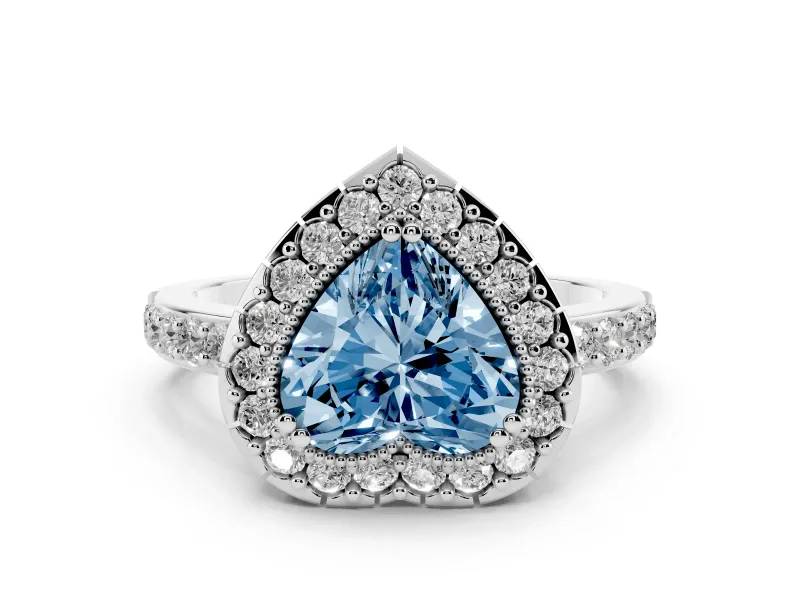 Fancy Blue Heart Cut Diamond Halo Ring Set in White gold with Pavé Shank and Prong Setting