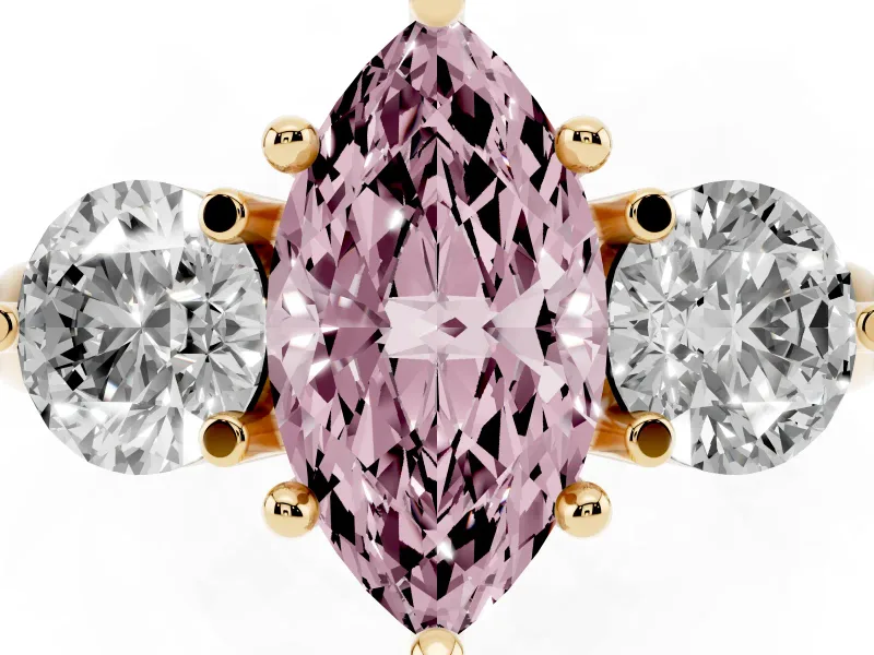 Fancy Pink Marquise Cut Diamond Three-Stone Ring Set in Yellow gold with Prong Setting and Classic Band