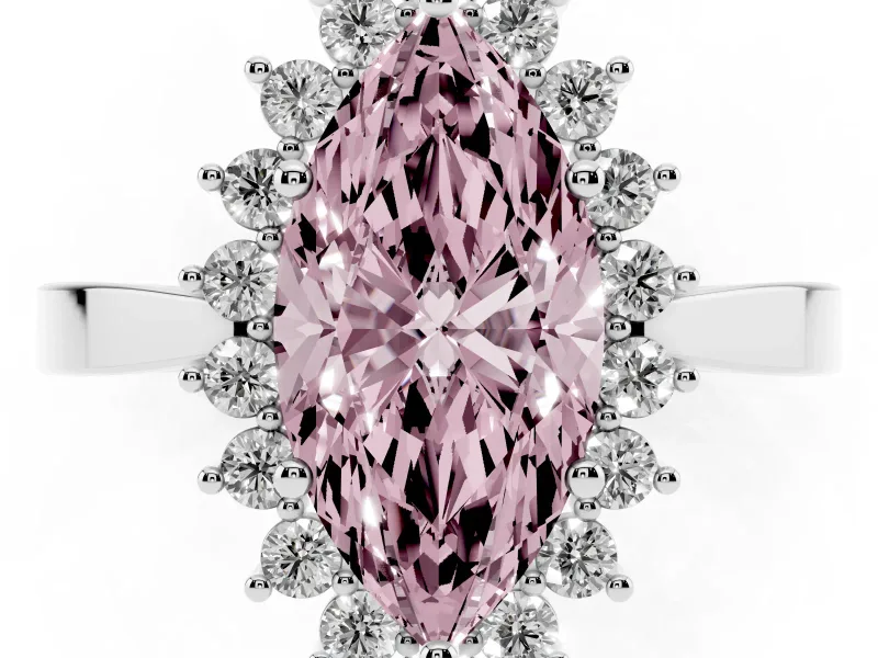 Fancy Pink Marquise Cut Diamond Halo Ring Set in Silver with Round Halo and Smooth Solitaire Band