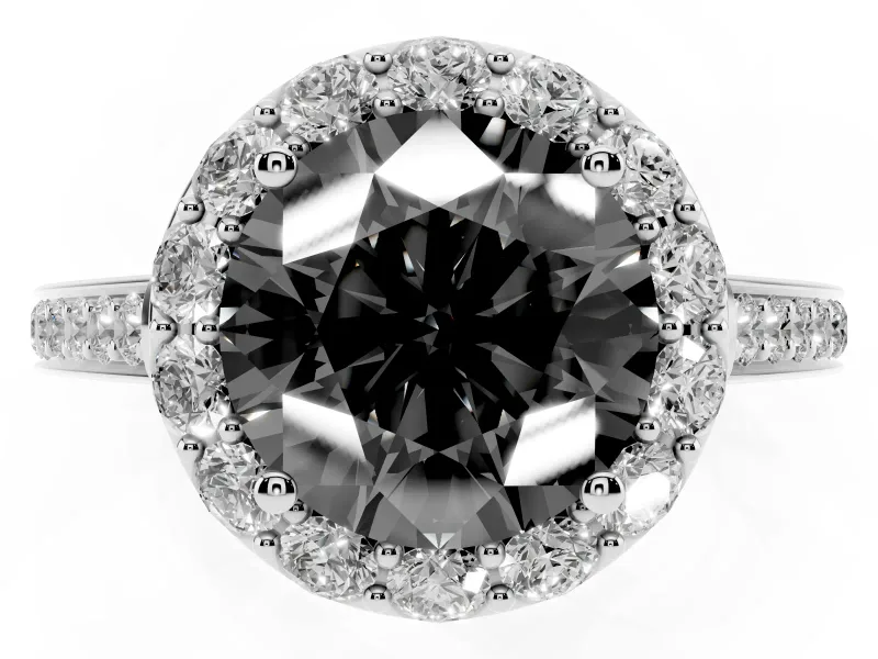 Fancy Black Round Cut Diamond Floral Halo Ring Set in White gold with Pavé Band and Prong Setting