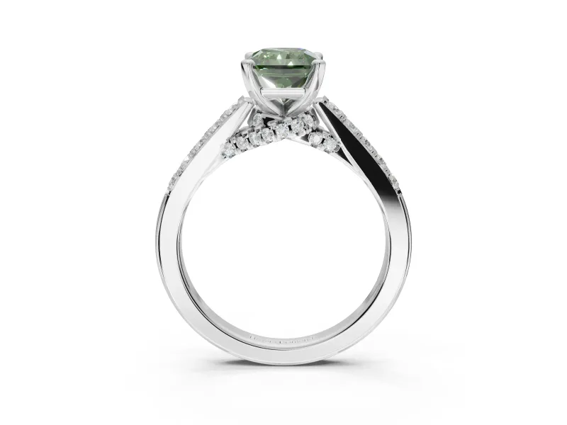 Radiant Cut Pavé Solitaire Engagement Ring Setting for a Fancy Green Lab-Grown Diamond | Crossover Gallery | Platinum