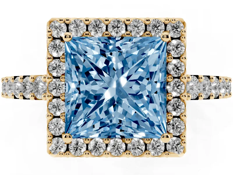 Fancy Blue Princess Cut Diamond Halo Pavé Solitaire Ring Set in Yellow gold with Prong-Set Center Stone
