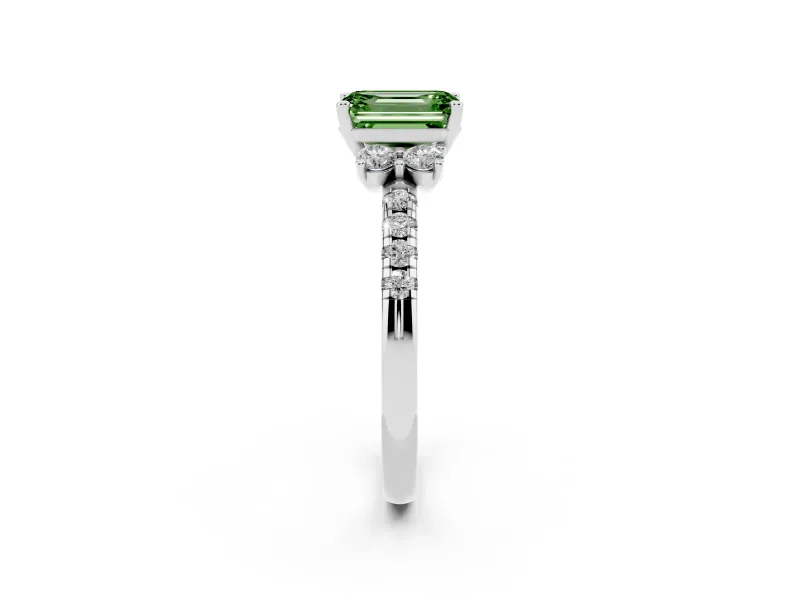 Emerald Cut Side Stone Engagement Ring Setting for a Fancy Green Lab-Grown Diamond | Pave Band | White Gold